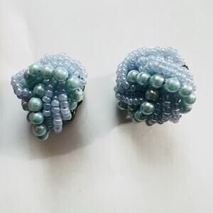 Vintage 60s Baby Blue Knot Clip On Earrings Beads Retro Vibes